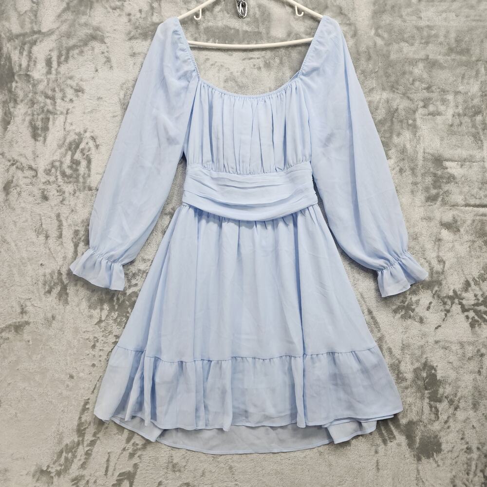 Exlura Dress Womens L Blue Lantern Sleeve‎ Tie Back Ruffled A-Line Mini Chiffon